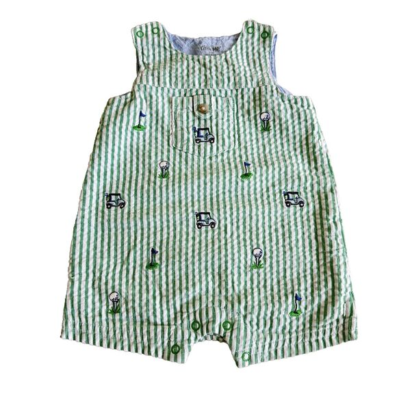 Little Me Boys Green Striped Golf Overalls Seersucker Embroidered Golf Cart 3M - Picture 1 of 5